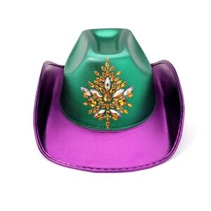 Metallic Purple And Green Marquise Stone Embellished Mardi Gras Fedora Hat